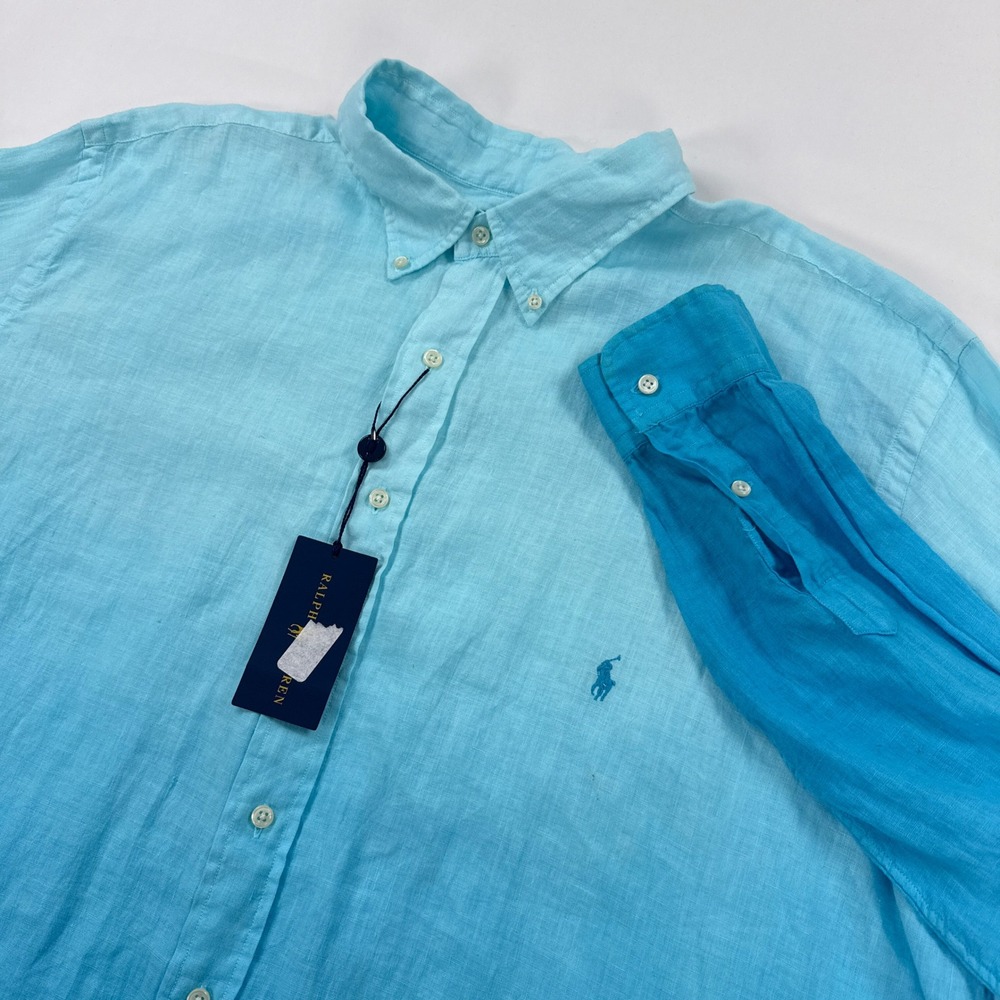 Ralph Lauren Mens Shirt 2XLT Blue Ombre Linen Button Down Coastal Summer
